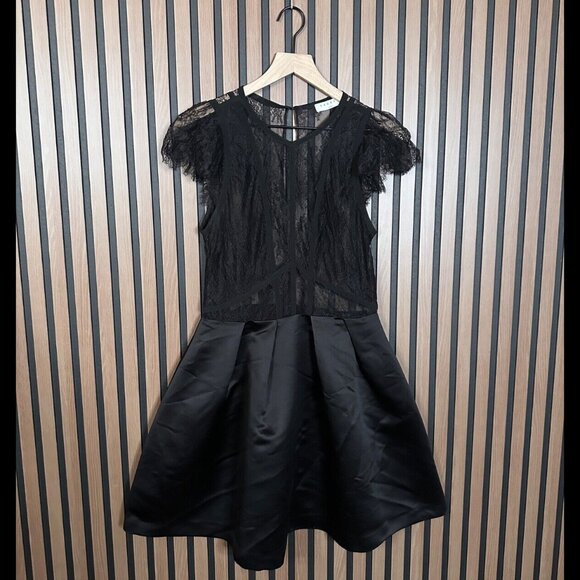 Sandro Dress 3 / US Large Womens Black Sheer Lace Trim A Line Puff Shoulder Mini - Picture 1 of 10